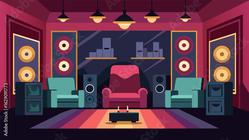 A home theater room with luxurious velvet seats equipped with a highend sound system and a dedicated space for displaying rare records. Vector illustration