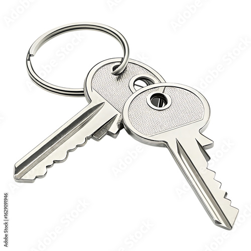 Two silver metal keys with a ring isolated on transparent background
