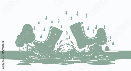 Minimalist green illustration of rubber boots splashing in a puddle under falling rain.