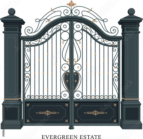 A detailed digital illustration depicting an ornate black and gold wrought iron gate for a luxury estate entrance.