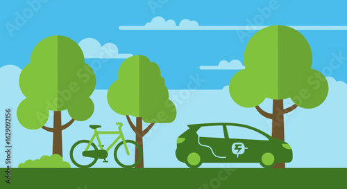 A green electric car and a bicycle parked in a lush park illustrating ecofriendly mobility.