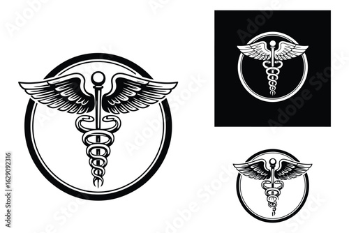 A modern logo design depicting a stylized caduceus symbol, the winged staff for medical and health concepts.
