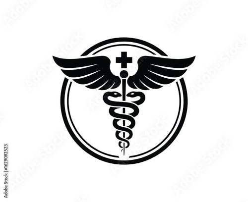 A modern logo design featuring the medical caduceus symbol. Vector icon for healthcare and pharmacy.