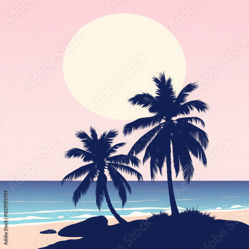 A Vector of a Silhouette of Palm Trees at the Seashore at Sunrise in Pastel Colors