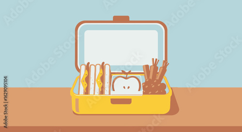Yellow Lunchbox with Sandwiches Apple and Vegetables.