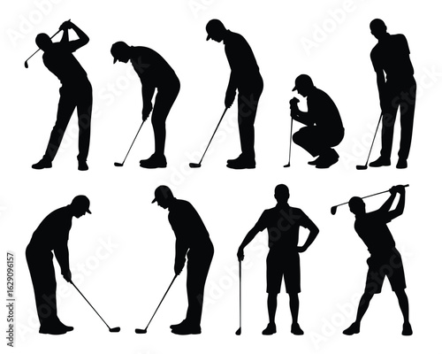 A collection of black silhouettes depicting male golfers in various active poses and swings.