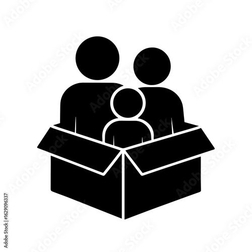 Homeless family in cardboard box in solid style symbolizing displacement