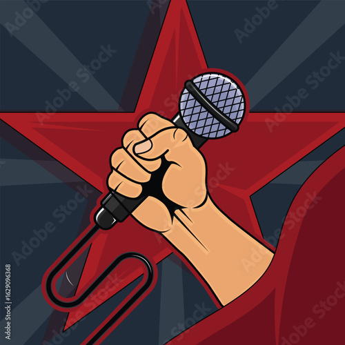 Fist gripping a microphone vector illustration template graphic design. Singing and Performance Voice and Music Public Speaking for entertainment concept with beautiful cartoon style