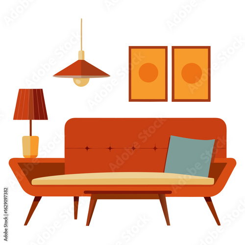 Mid century lounge with warm wooden accents vector on white background.
