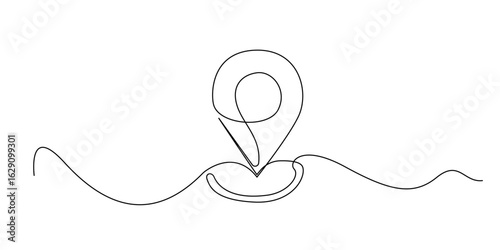 Continuous line drawing of a location pin icon, symbolizing navigation, maps, travel, or destination. Minimalist design ideal for GPS, logistics, journey planning, or travel-related content.