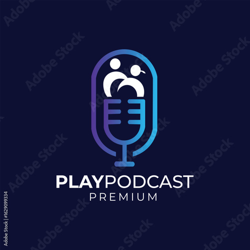 Love podcast logo template with microphone and couple heart vector illustration. Family podcast logo design. Vector logo template of microphone, heart, radio, podcast, talk, relationship, soul mate