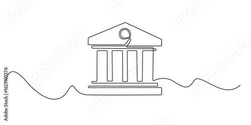 Continuous line drawing of a classical bank or government building, symbolizing finance, law, or institutions. Minimalist design ideal for banking, politics, education, or historical concepts