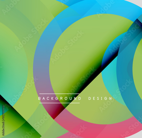 Abstract colorful circles overlap creating dynamic visual effect. Modern design elements suggest innovation, energy.