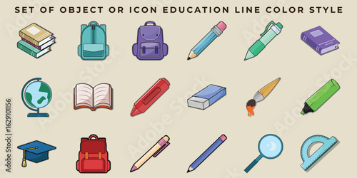 Set of educational icons and objects vector illustration template graphic design. bundle collection of various School Supplies for learning concept with beautiful cartoon style