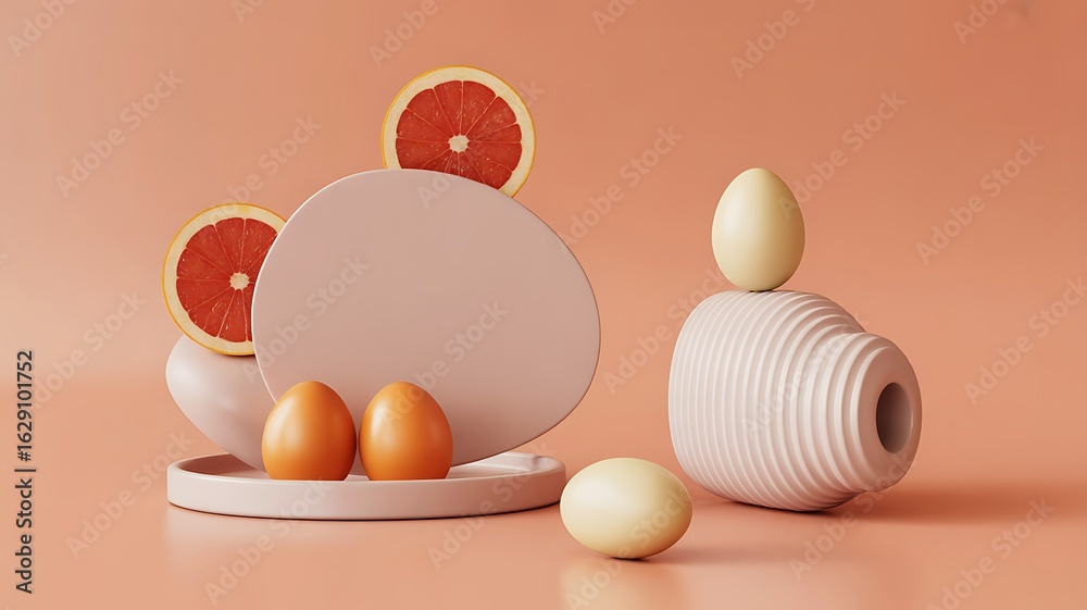 Fototapeta premium Still life arrangement of eggs grapefruit slices and abstract shapes image photo