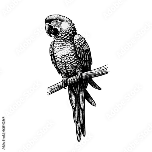 Vector art of vintage parrot illustration perched on branch isolated on white background
