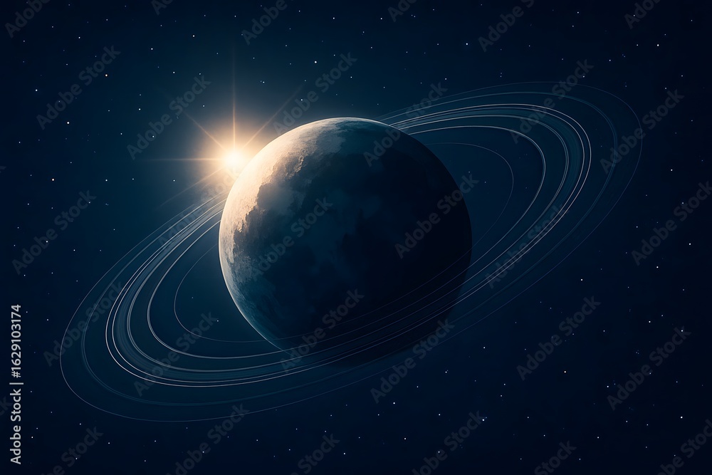 Fototapeta premium Spectacular cosmic view of a ringed planet with sunlight peeking from behind, floating in deep space surrounded by stars, evoking mystery, wonder, and astronomy beauty