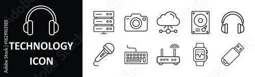 Modern Technology Line Icons for Digital Devices, Set of minimalist technology icons featuring gadgets, devices, and digital tools, ideal for apps, websites, and tech-related projects.
