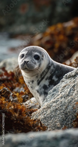 A Curious Seal Pup with Soulful Eyes Peeks from a Coastal Rock