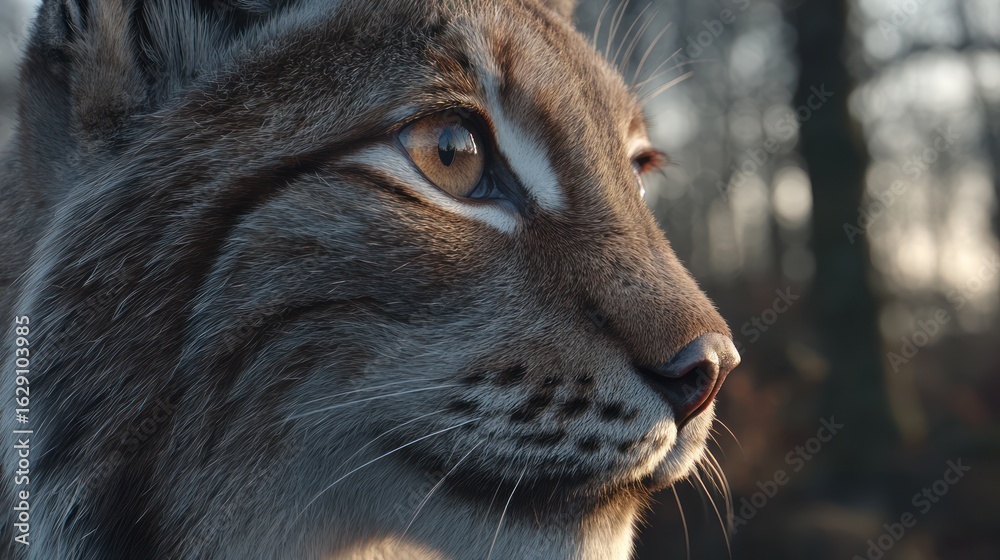 Fototapeta premium Close-up of a lynx's profile. Sunlight filters through trees
