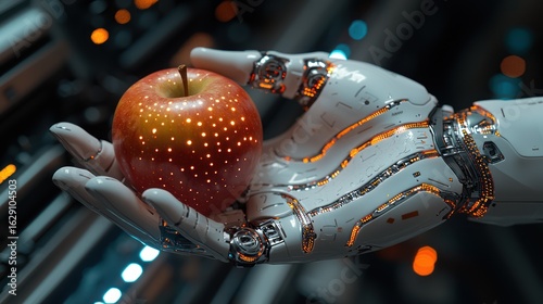 Robotic hand holding red apple illustration