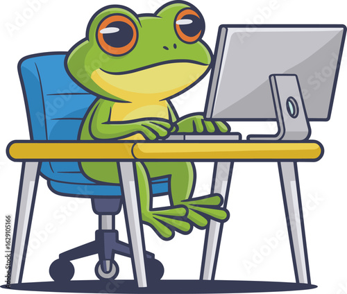Cute cartoon frog working on computer, sitting at desk, office animal, technology usage, typing on keyboard, focused amphibian, digital work,.
