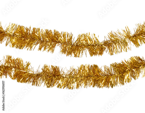 Tinsel Christmas Garland in Metallic Gold, Curled and Twisted, Diagonal Placement, Isolated