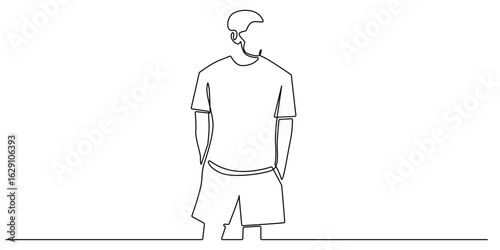 continuous line drawing of a man standing casually with hands in pockets. Minimalist and modern, this artwork captures a relaxed posture and simple clothing, perfect for stylish designs.