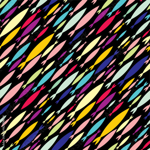 Pop Art Fish Seamless Pattern – Vibrant Sardines on Black