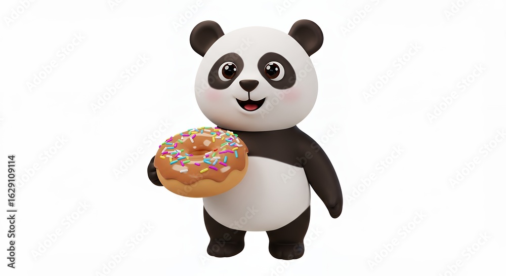Naklejka premium Panda bear holding a donut cartoon image