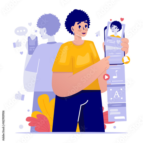 A girl scrolling multitasking on smartphone vector illustration