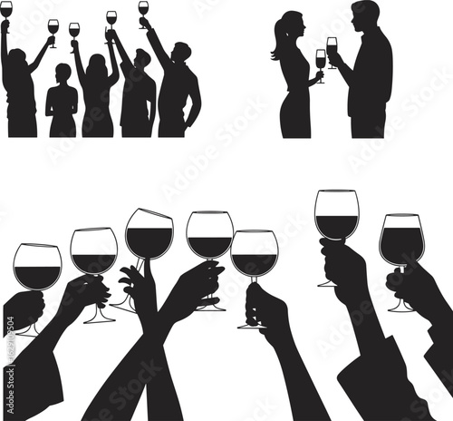  Silhouette of People Toasting with Wine Glasses at Party Celebration, Cheers Moment, Social Gathering Scene, Flat Vector Illustration.eps