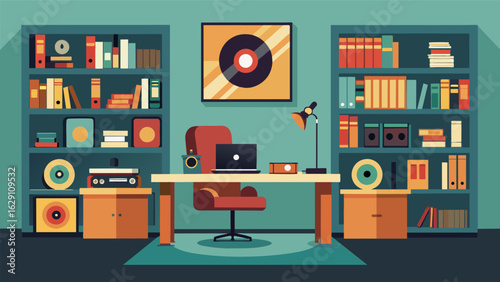 A luxurious home office with a sleek exeive desk surrounded by floortoceiling bookshelves filled with rare vinyls and audio equipment. Vector illustration