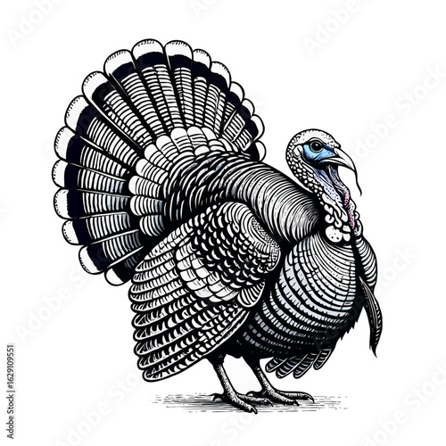 Illustration of a turkey isolated on white background in black and white