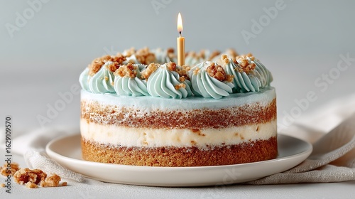 Delicious Layered Cake with Vanilla Frosting and Nut Topping for Birthday Celebrations