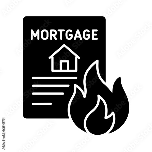 Burning mortgage document in solid style symbolizing housing crisis