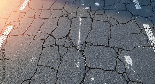 Deteriorating road surface reveals a network of intricate cracks and damage indicative of