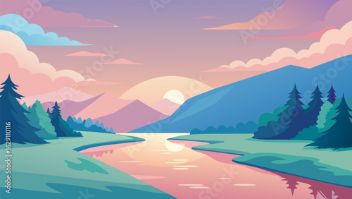 A peaceful river scene with soft pastel colors mirroring the tranquil water and surrounding landscape..