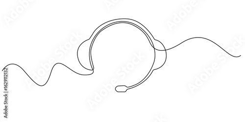 Continuous line drawing of a headset with microphone. A simple and modern illustration symbolizing communication, customer service, call center, podcasting, or online meetings.