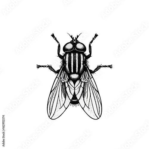 Vector art of hand drawn fly isolated on white background in black and white style