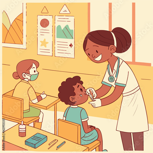 Kids getting vaccinated at school in cartoon style generated by ai