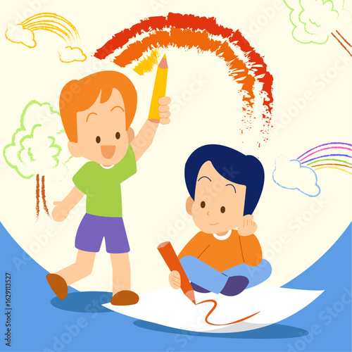 Children happily painting and drawing together