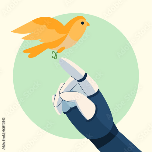 Bird perched on robot hand symbolizing harmony between nature and technology