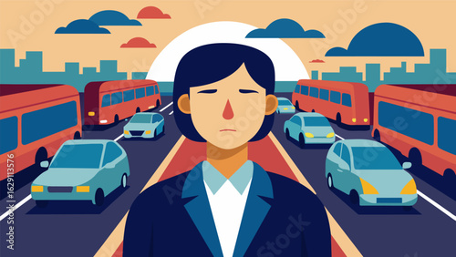 A commuter takes a deep breath and closes their eyes for a moment in the midst of rush hour traffic finding a calm moment despite the chaos..
