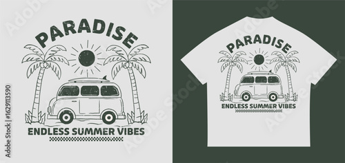 Vintage summer car illustration with palm trees, surfboard, and tropical beach vibes. Perfect for holiday, apparel print, travel poster, and retro design themes