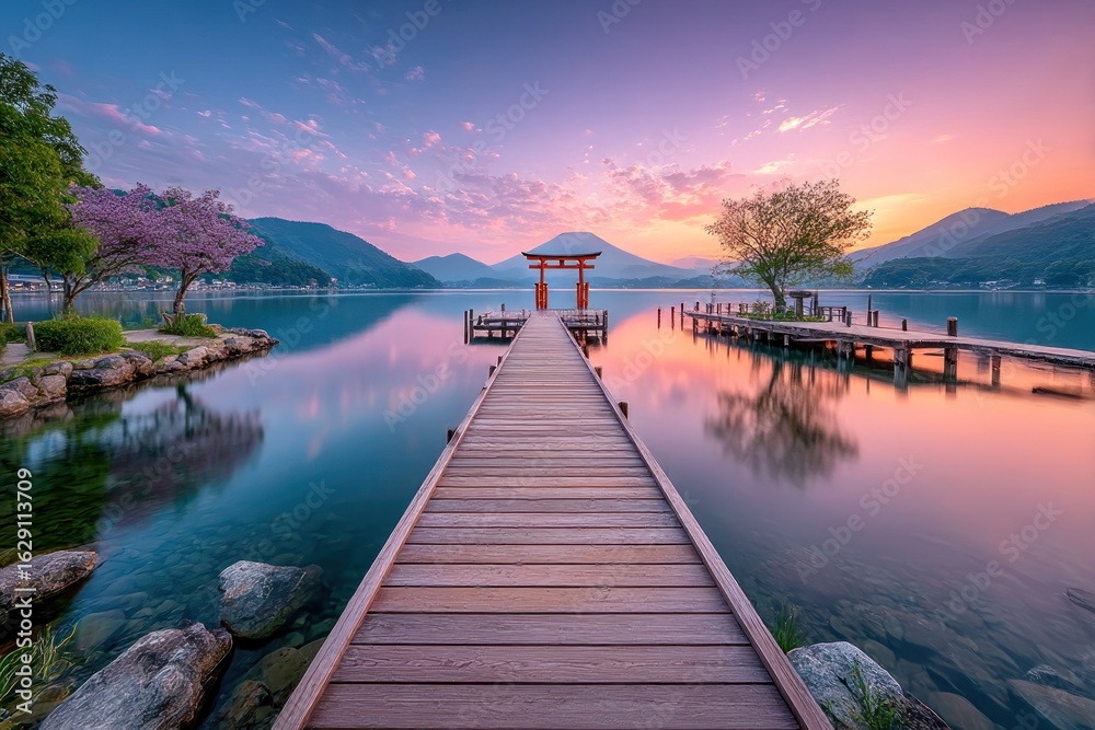 Naklejka premium Lakeside sunrise with torii gate