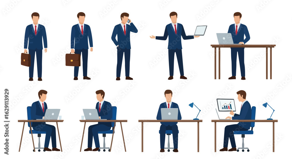 Fototapeta premium Vector art of business man in various poses with laptop, phone, and briefcase, isolated on white background
