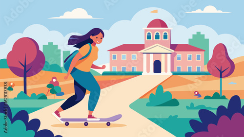 A girl using her skateboard to get around campus effortlessly weaving through the bustling crowds on her way to class.. Vector illustration