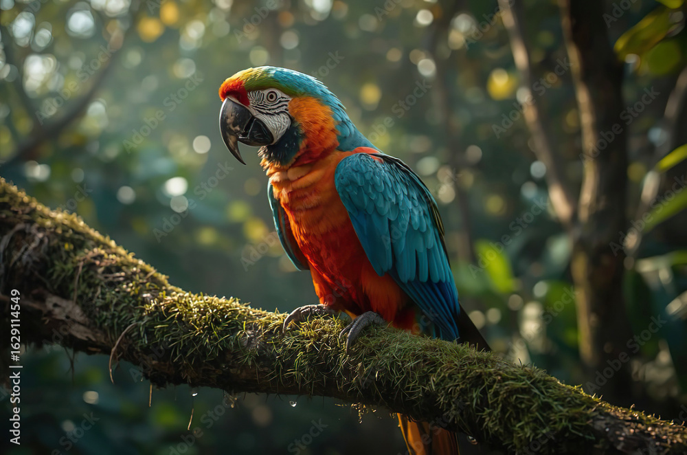 Obraz premium Close Up of Colorful Macaw on Mossy Tree Branch in Wild Forest with Fresh Morning Light 