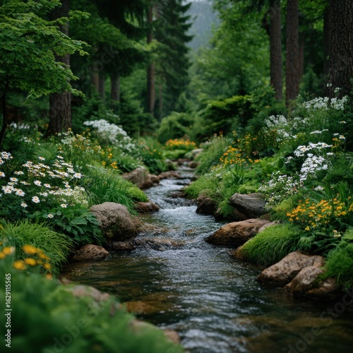 Lush forest stream with flowers